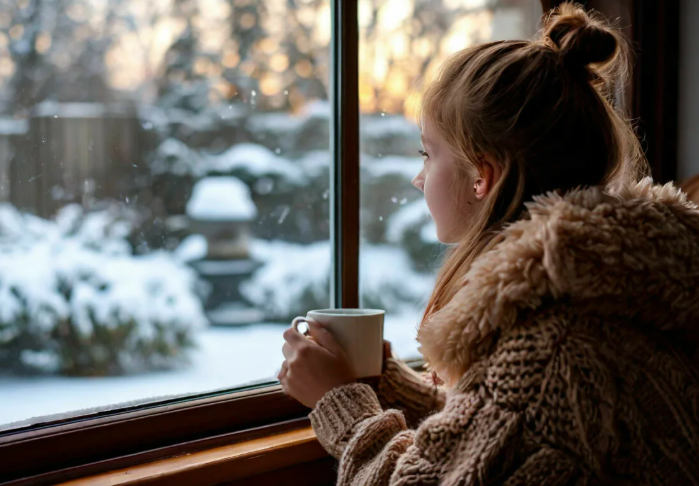 Девушка напротив зимнего окна