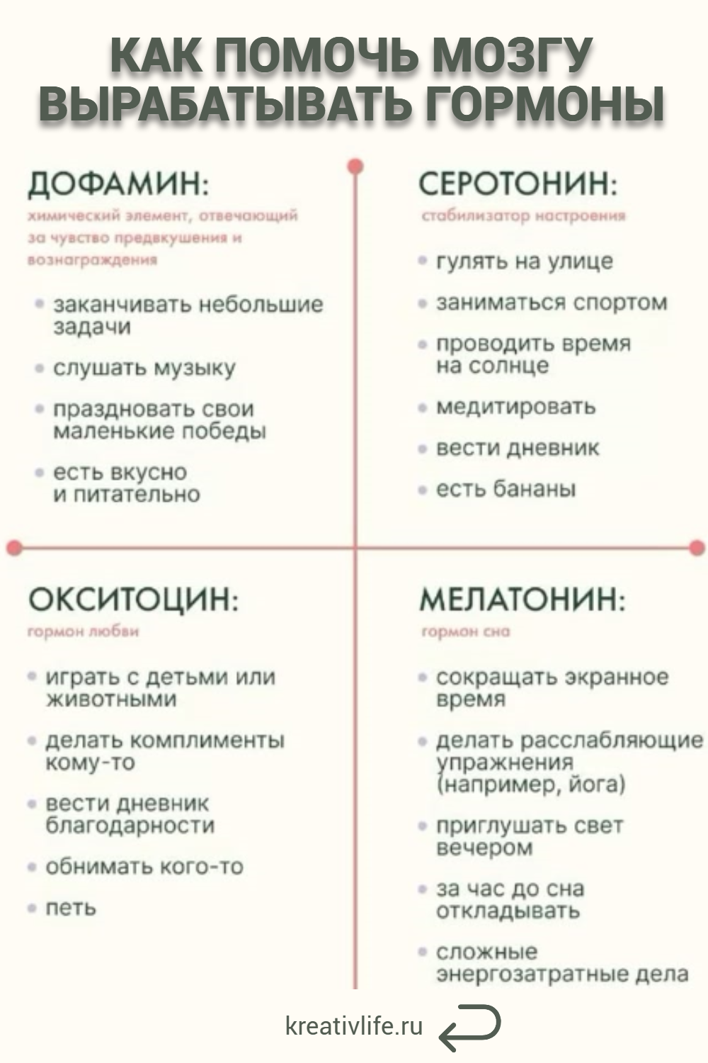 Гормоны счастья своими руками: как приучить мозг вырабатывать дофамин, серотонин, окситоцин и мелатонин
